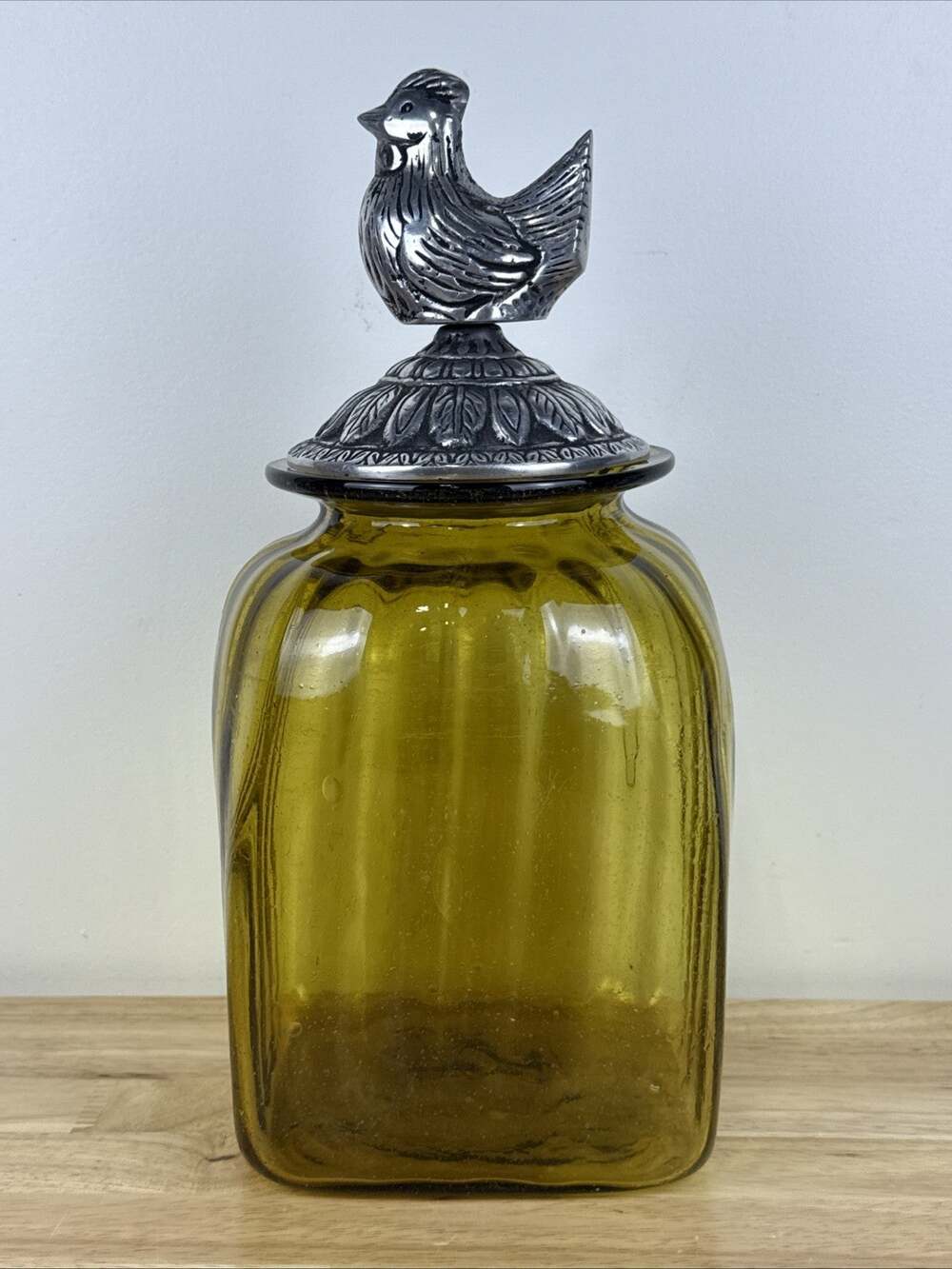 Vintage Amber Golden Yellow Glass Ribbed Canister With Pewter Rooster Top 13.5”